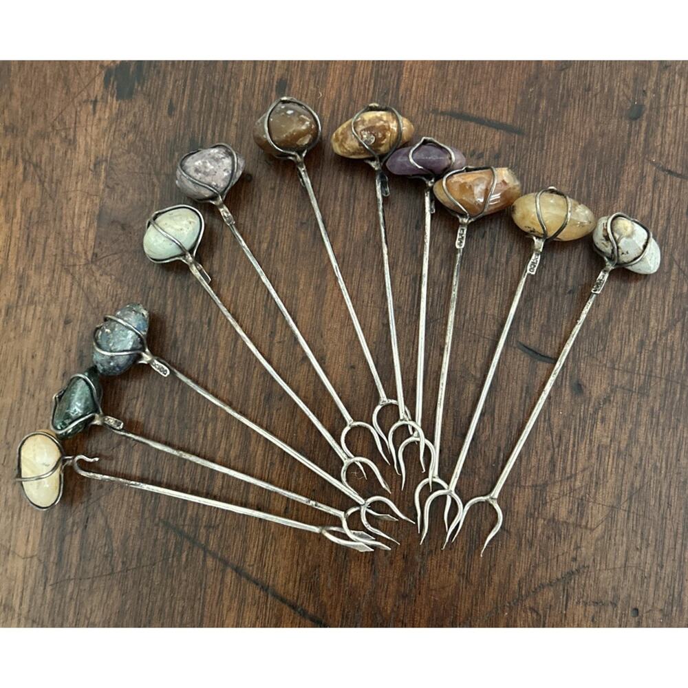 Vintage MCM Sterling Silver Gemstone Cocktail Picks Set 11 Mexico 3.5” Barware